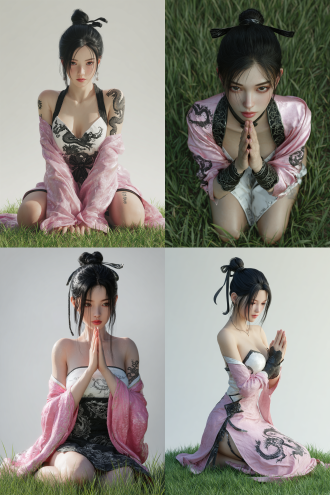 wlop and artgerm inspired, 3d cgi ultra - realistic. a chinese xianxia - style woman with an exquisitely delicate face. her almond - shaped eyes hold a charming and serene expression, and her small mouth is slightly ajar, as if about to utter a soft word. her hands and fingers are in perfect health and completeness, with slender digits that showcase every natural nail detail, and her skin is as smooth as porcelain, without a single blemish. her jet - black hair is neatly coiled into a simple single bun, tied elegantly with a black silk ribbon that has a faint sheen. she strikes a dynamic pose, gracefully sitting sideways on a carpet of lush green grass. this pose not only adds an air of elegance to the picture but also shows her poise. one hand firmly presses against the ground, serving as the center of gravity for her body. her figure is slender and graceful, exuding an otherworldly charm. in terms of attire, she dons a pink silk traditional outer robe that flows gently in an imperceptible breeze. inside, there's a white strapless top intricately embroidered with black dragon patterns. the black patterns seem to come alive against the white fabric. paired with it is a long, flowing black skirt that billows around her like a dark cloud. a pink sash, tied in a beautiful bow at her waist, accentuates her slender figure. she adorns herself with a silver necklace that sparkles softly, and black earrings that add a touch of mystery. the environment is an otherworldly floating islet in the sky. wispy, iridescent clouds swirl around the islet in a mesmerizing dance. the ground of the islet is covered with ethereal plants. these plants have lush, velvety leaves and blossoms of various enchanting colors - from soft pastels to vivid jewel - tones. they emit a soft, magical light that mingles with the ambient glow of the surroundings, creating a dreamy and ethereal atmosphere. soft cinematic backlighting bathes her figure, casting a warm and gentle glow. the depth of field is carefully focused on her face, highlighting her every feature, while the gorgeous sunlight filters through the clouds, creating a play of light and shadows across the scene.