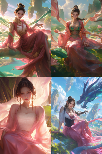 "仙侠风格女子，精致细腻面容，杏仁眼含笑意，粉红丝绸外袍飘逸，内搭白底黑龙刺绣上衣，黑色长裙如云环绕，银项链闪烁，黑耳环神秘，侧坐绿茵地毯，动态优雅姿势，天空漂浮岛屿，多彩植物发光，薄雾缭绕，电影级逆光，温暖柔和光线，浅景深突出面部，梦幻唯美氛围，3d cg超写实风格，wlop与artgerm灵感，高细节皮肤，完美指甲，黑发束髻，丝带点缀，仙气飘飘。"