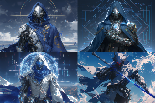 水务科技侠客人物，蓝袍银甲，未来感面罩，传统斗篷与现代机械臂结合，眼神坚定，纯色深蓝背景，8k高清，赛博朋克与传统武侠融合，冷色调，金属质感，柔光与霓虹光点缀，对称构图，科技纹理，动态悬浮粒子，威严与神秘感。