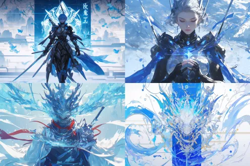 "水务科技侠客人物，蓝色调高清8k，科技与传统融合，纯白色背景，未来感盔甲，水波纹装饰，冷峻表情，动态姿势，对称构图，极简主义，科技光泽，细节精致，电影级光影，高锐度，柔和散射光，飘逸披风，水流特效，赛博朋克元素，传统侠客佩剑，冷蓝色主色调，神秘氛围"