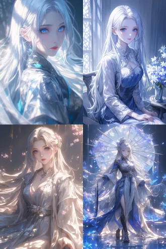 超清渲染动漫风格中国少女，银色长发，汉服连衣裙，温柔自信，全身角色，自然色调，远景透视，高亮细节，古装风格，静态放松，高清画质，细腻纹理，柔和光线，唯美氛围。