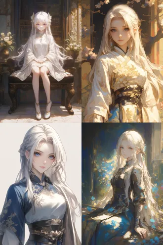 超清渲染动漫风格中国少女，银色长发，汉服连衣裙，温柔自信，全身角色，自然色调，远景透视，高亮细节，古装风格，静态放松，高清画质，细腻纹理，柔和光线，唯美氛围。