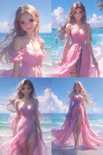 动漫美女站在海边，全身远景，粉色飘逸长裙，红唇精致妆容，微卷长发，自信微笑，自然光柔和色调，海浪轻抚沙滩，蓝天白云，微风轻拂，温暖阳光，真实场景，高清晰度，广角镜头，浅景深，柔和阴影，细腻肤质，浪漫氛围，优雅姿态。