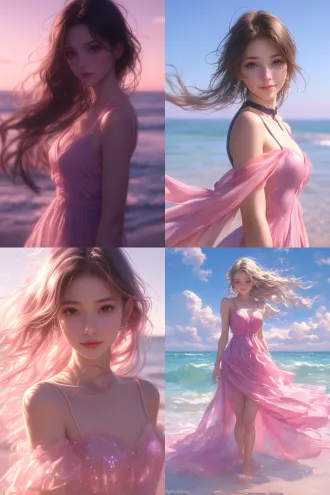 动漫美女站在海边，全身画面，远景，粉色连衣裙随风飘动，精致妆容红唇，自信微笑，自然光柔和色调，真实场景，广角镜头，浅景深，细腻皮肤质感，发丝飘动，海浪轻拍沙滩，温暖阳光，蓝天白云，浪漫氛围，柔和阴影，高动态范围，优雅姿势。