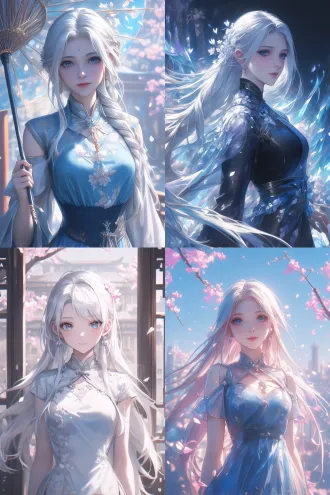 超清渲染动漫风格中国少女，银色长发飘逸，汉服连衣裙轻盈，温柔自信微笑，全身角色展示，自然色调和谐，远景透视深远，高亮细节精致，古装风格典雅，静态放松姿态，高清画质锐利，细腻纹理丰富，柔和光线均匀，唯美氛围梦幻，侧逆光突出轮廓，浅景深虚化背景，环境古风庭院，樱花飘落点缀。