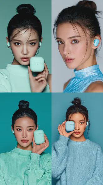 a close-up of a young chinese woman with a sleek bun hairstyle, wearinglight blue wireless earbuds and holding a matching charging case in front ofone eye, minimal futuristic tech product ad, white background, clean softlighting, calm and confident expression, high-end e-commercephotography style, no text or logo