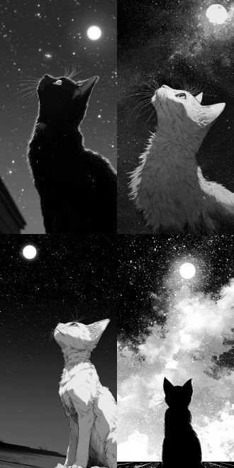 monochrome anime cat, gazing up, vast starry sky, moonlit silhouette, dramatic low angle, detailed anime style, sharp focus, studio quality.