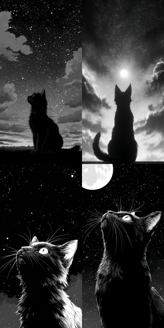 monochrome anime cat, gazing up, vast starry sky, moonlit silhouette, dramatic low angle, detailed anime style, sharp focus, studio quality.
