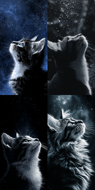 monochromatic anime kitten (black & white fur), gazing upward at starry expanse, deep navy blue gradient cosmos with subtle star clusters, soft cinematic rim lighting, vertical composition, clean negative space top, ultra-detailed, kodak portra 400 ambiance, phone wallpaper masterpiece.