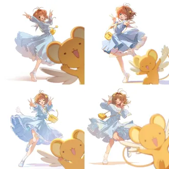 cardcaptor sakura fanart, sakura kinomoto alone in center, dynamic energetic pose, spinning on one foot with skirt flaring outward, making double peace signs and smiling brightly at the camera, wearing light blue sailor-collar dress with ruffled hem, yellow small bag swinging, star hairclip, white socks and small shoes, hair and skirt flowing with motion. kero-chan dives into the right foreground, spreading tiny wings, one paw near the lens edge, exaggerated cute smug expression, slight foreground blur but not covering sakura's face. pure white background, clean white studio backdrop, soft studio lighting, bright rim light on hair and skirt, subtle contact shadow under feet, glossy highlights, playful candid moment, delicate japanese light novel illustration style, cute details, clean composition, 1:1 square