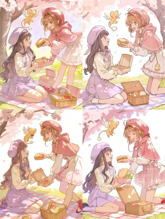 cardcaptor sakura fanart, two girls picnic interaction, spring cherry blossom tree, checkered picnic blanket, wicker picnic basket, open bento box. tomoyo daidouji on the left kneeling on the picnic blanket, opening the bento box with both hands, wearing light purple beret, cream white blouse, pale purple suspender skirt, bow tie, long hair, smiling and looking up at sakura. sakura kinomoto on the right leaning slightly forward, wearing pink hooded short cape, white ruffled suspender skirt, strawberry hairclip, red small boots, one hand offering a strawberry sandwich, the other hand near the bento box edge, smiling at tomoyo. kero-chan hovering above the bento box between them, tiny wings spread, staring at the sandwich and drooling, cute exaggerated expression, not covering their faces. soft afternoon side-backlight, dappled cherry blossom shadows on the picnic blanket, warm rim light on hair and shoulders, creamy highlights on food, pastel pink white light purple cream yellow and fresh green palette, delicate japanese light novel illustration style, lively cute interaction, clean composition, medium shot, slightly low angle