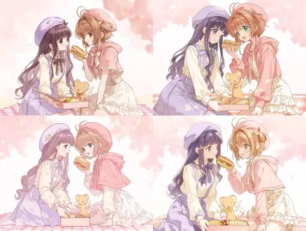 cardcaptor sakura fanart, two girls picnic interaction, waist-up two-shot, eye-level slightly low angle, characters fill 80 percent of frame, faces in upper third, not top-down. sakura kinomoto on the right leaning slightly toward tomoyo, right hand holding a strawberry sandwich up near tomoyo's face, left hand resting on her own knee, smiling softly at tomoyo, wearing pink hooded short cape, white ruffled suspender skirt, strawberry hairclip. tomoyo daidouji on the left kneeling, both hands holding an open bento box at chest level, tilting her head up slightly, lips slightly parted, smiling at sakura, wearing light purple beret, cream white blouse, pale purple suspender skirt, bow tie. kero-chan standing on the edge of the bento box between them, right paw reaching toward the sandwich, left paw on the box edge, tiny wings half open, drooling cute expression, not covering their faces. minimal soft background, creamy pink gradient, large blurred cherry blossom bokeh, only a thin strip of checkered picnic blanket at the bottom edge, no basket, no clutter. soft afternoon side rim light on hair and shoulders, creamy highlight on the sandwich, pastel pink white light purple palette, delicate japanese light novel illustration style, clean composition, clear separated hand positions, 4:3 horizontal