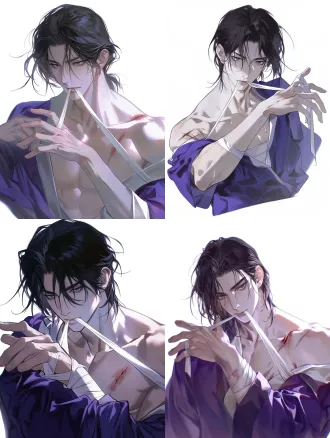 (masterpiece, best quality, ancient chinese painting aesthetic, teenage jiang cheng, about fifteen or sixteen, pure white background, close-up chest portrait front-slightly-side view with a subtle low angle, figure occupying over ninety percent of the frame, outer robe slipped down to his waist and pooled beside him leaving only a moon-white inner robe, collar loose and open with the right side sliding off his shoulder, his shoulder and neck partly visible, a wound on his left shoulder, one slanted cut with a few fainter old marks nearby, bandaging himself, one end of the bandage held between his teeth with his head slightly lowered and the bandage pulled taut from his lips, right hand pulling the other end diagonally from his left shoulder across his chest toward the right side, the bandage crossing his chest and wrapping under his arm toward the back, his arm naturally bent with the elbow angled forward and down, left hand raised with palm pressed over the wound on his left shoulder holding the freshly wrapped loop with fingers slightly spread and fingertips pressing the fabric, head slightly lowered with chin tucked, eyes watching his hand and the bandage on his shoulder, expression cold and focused, brows slightly furrowed, lip line taut around the bandage, face toward the camera, black hair half loose with a few strands blown across his face, cool clean light from the upper right, right side of face lit pale warm white, left side in soft gray shadow with brighter eyes, the visible shoulder and neck clean with a clear collarbone, the slanted cut on his left shoulder faintly red with older marks pale as fine lines, bandage glowing white across his chest and casting shallow shadows where it wraps the shoulder and underarm, the lip line and jaw holding the bandage sharply defined, deep purple outer robe darkening into ink purple, wind-blown strands turning into fine lines, pure white background with no other objects, emphasizing focus, coldness, youthful spirit, scars and smooth motion, 3:4 aspect ratio), close-up chest portrait front-slightly-side view with a subtle low angle, figure occupying over ninety percent of the frame. jiang cheng slightly left of center, body slightly turned with face nearly toward the camera, outer robe pooled at his waist, moon-white inner robe loose and open with the right side off his shoulder, bandage held in his teeth with head slightly lowered, right hand pulling it diagonally from his left shoulder across his chest and under his arm with the arm naturally bent, left hand pressing the wound on his left shoulder with palm over the bandage and fingers slightly spread, a slanted cut with faint old marks on his left shoulder, brows slightly furrowed with lowered eyes, focused expression. light from the upper right, right side of face lit, left side in soft gray shadow. pure white background. atmosphere: cold, restrained, youthful. high resolution, refined and atmospheric ancient chinese illustration.