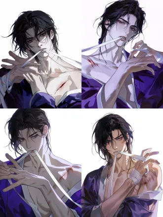 (masterpiece, best quality, ancient chinese painting aesthetic, teenage jiang cheng, about fifteen or sixteen, pure white background, close-up chest portrait front-slightly-side view with a subtle low angle, figure occupying over ninety percent of the frame, outer robe slipped down to his waist and pooled beside him leaving only a moon-white inner robe, collar loose and open with the right side sliding off his shoulder, his shoulder and neck partly visible, a wound on his left shoulder, one slanted cut with a few fainter old marks nearby, bandaging himself, one end of the bandage held between his teeth with his head slightly lowered and the bandage pulled taut from his lips, right hand pulling the other end diagonally from his left shoulder across his chest toward the right side, the bandage crossing his chest and wrapping under his arm toward the back, his arm naturally bent with the elbow angled forward and down, left hand raised with palm pressed over the wound on his left shoulder holding the freshly wrapped loop with fingers slightly spread and fingertips pressing the fabric, head slightly lowered with chin tucked, eyes watching his hand and the bandage on his shoulder, expression cold and focused, brows slightly furrowed, lip line taut around the bandage, face toward the camera, black hair half loose with a few strands blown across his face, cool clean light from the upper right, right side of face lit pale warm white, left side in soft gray shadow with brighter eyes, the visible shoulder and neck clean with a clear collarbone, the slanted cut on his left shoulder faintly red with older marks pale as fine lines, bandage glowing white across his chest and casting shallow shadows where it wraps the shoulder and underarm, the lip line and jaw holding the bandage sharply defined, deep purple outer robe darkening into ink purple, wind-blown strands turning into fine lines, pure white background with no other objects, emphasizing focus, coldness, youthful spirit, scars and smooth motion, 3:4 aspect ratio), close-up chest portrait front-slightly-side view with a subtle low angle, figure occupying over ninety percent of the frame. jiang cheng slightly left of center, body slightly turned with face nearly toward the camera, outer robe pooled at his waist, moon-white inner robe loose and open with the right side off his shoulder, bandage held in his teeth with head slightly lowered, right hand pulling it diagonally from his left shoulder across his chest and under his arm with the arm naturally bent, left hand pressing the wound on his left shoulder with palm over the bandage and fingers slightly spread, a slanted cut with faint old marks on his left shoulder, brows slightly furrowed with lowered eyes, focused expression. light from the upper right, right side of face lit, left side in soft gray shadow. pure white background. atmosphere: cold, restrained, youthful. high resolution, refined and atmospheric ancient chinese illustration.
