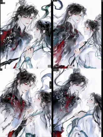 two characters, waist-up portrait, on the left a beautiful pretty boy around 18 years old, breathtakingly beautiful youthful face, soft youthful features, delicate v-shaped face, long eyelashes, long loose flowing black hair with slight volume, loose wavy strands framing his face, pale porcelain skin, crimson red eyes, boyish charm, chin slightly raised, looking down at the girl with a haughty yet fond look, faint smug smile, long dangling silver tassel earrings, wearing elegant black chinese-style robe with crimson red accents and red inner lining, high mandarin collar, silver embroidery, wide sleeves, ornate silver hair crown, on the right a beautiful young girl with long black hair tied back, pale skin, focused gentle expression, reaching up with both hands to adjust his collar, wearing simple white chinese-style robe with pale blue trim, pure white background, isolated on white, soft studio lighting, cool rim light, ethereal cold atmosphere, ultra-detailed fabric, ultra-detailed hands, 8k