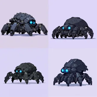 cartoon stylized heavy mechanical spider robot, thick black outline, matte dark gray steel armor, faint wear scratches on metal panels, two glowing bright blue optical sensors on head, 8 thick articulated metal legs, bulky segmented carapace torso, 2d game sprite illustration, clean cel shading, soft short shadow on ground, plain light pale lavender solid background, full body shot, side view, no extra elements