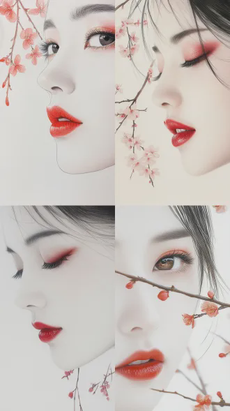 工笔画，亚洲女性，彩铅风格，精致刻画，诱人的嘴唇，红唇特写，梅花，红色的眼影，黑色的眼睛，眉目如画，流畅的线条，梦幻感，绝美的人，大师级构图，柔光，白色背景，梦幻光影，色彩弥漫，弥散光影，梦幻风格，古风，棱角分明，立体感