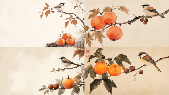 画面下面有3个小柿子，和一小堆板栗，国风，右上角一个枝头伸出来，上面还挂着一个小柿子，树枝上站着一个小麻雀，小麻雀圆嘟嘟的，毛绒绒，背景大量留白，画面清新野趣