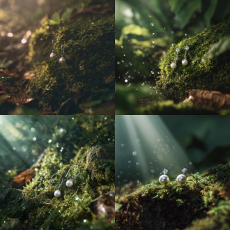 极简珍珠耳环悬浮在晨雾森林，阳光穿透树叶形成丁达尔效应，水滴折射彩虹光斑，浅焦柔光拍摄，莫兰迪灰绿色调，4k商业摄影质感，晨雾森林，丁达尔效应，青苔岩石，水晶露珠，柔光漫射，莫兰迪色系，极简构图，4k超清，微距镜头，高动态范围，自然光，悬浮感，静谧氛围，珠宝广告大片。