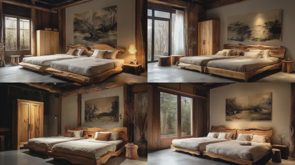 中间摆放两张侘寂风实木大床，双床，大空间，实木衣柜，实木床头柜，实木木墩，实木木地板