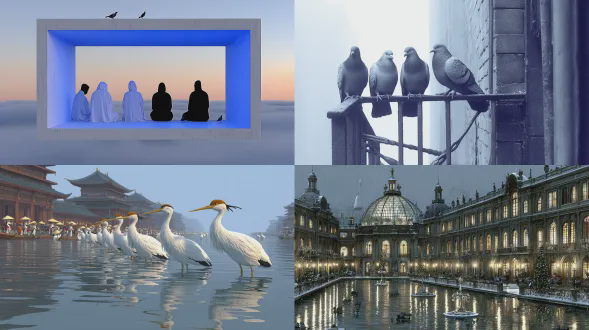 early morning, outside the palace, shrouded in clouds and mist, birds gather, advanced rendering, c4d rendering