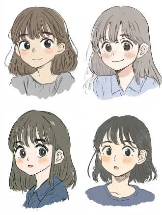 cute chibi girl portrait, simple flat color, light pink blush, low saturation, keep original pencil sketch lines, clean white background, casual hand-drawn doodle style, soft colors, no heavy shadow, no detailed rendering, street stall avatar, white background