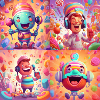 拟人化卡通形象，头戴无线耳机手持麦，微倾歌唱，生动俏皮，背景为糖果乐园，对称构图，扁平风，亮色，特写，欢快