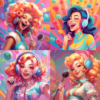 拟人化美女形象，头戴无线耳机手持麦，微倾歌唱，生动俏皮，背景为糖果乐园，对称构图，扁平风，亮色，特写，欢快