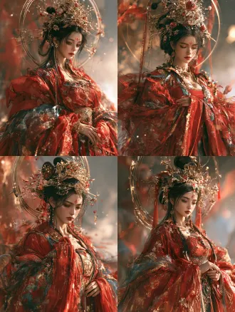 杰作，8k，最佳质量，优质构图，东方玄幻，中国神话，动态姿势，1女孩，仙气飘飘，黑发，长袖，凤冠霞帔，婚服，光环，发饰，半身肖像，面向观众，单发髻，额头标记，高光，柔焦，自然光，鲜艳色彩，神秘氛围。