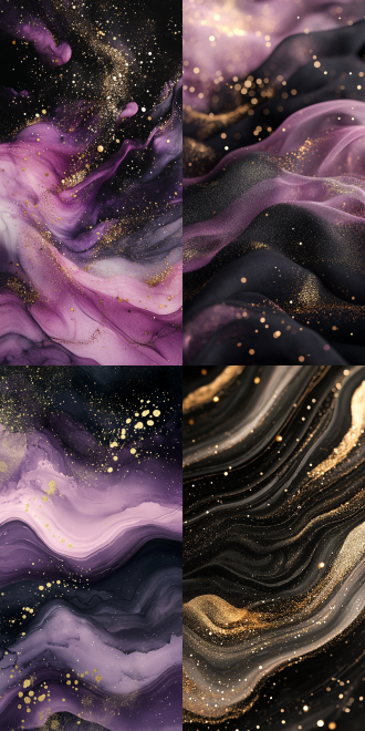 敦煌风， 色彩和纹理的融合，梦幻的，特写。 数字艺术，色彩和纹理的细腻表现。柔和。 柔和的灰粉色、黑色为主和少量深紫色，闪烁的星光效果。 细小的闪光点，金粉漂浮，柔和的曲线和条纹，色彩之间的流动。