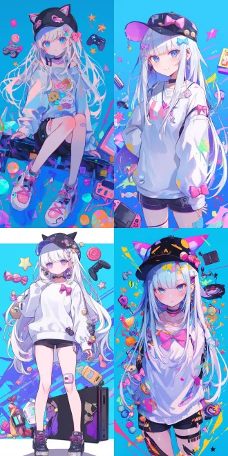 一个长银色长发的女孩，穿着带有粉色蝴蝶结的白色毛衣、黑色帽子和黑色短裤。周围环绕着各种五颜六色的装饰品，包括星星、蝴蝶结和糖果。她身边摆放着一台游戏机和其他物品。背景是蓝色的，上面挂着各种装饰品。赛博朋克风。