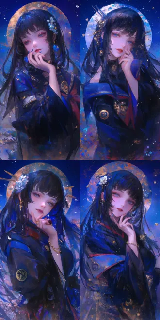 海军装少女，黑色齐刘海航发，大头贴，眨眼。背景星星，月亮，小饰品