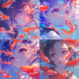 女孩图片，居中构图，淡雅色调，时尚晕涂，漂浮的锦鲤，挪用艺术元素，纯色背景，动漫风格，隐士朋克韵味，特写镜头，柔光。