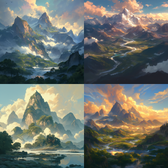 晨曦下巍峨群山，灰白色岩石与深绿植被对比，山间云雾涌动，三分法构图，全景镜头，侧逆光，暖色调，大气磅礴。鎏金勾勒山峰线条。河流涌动