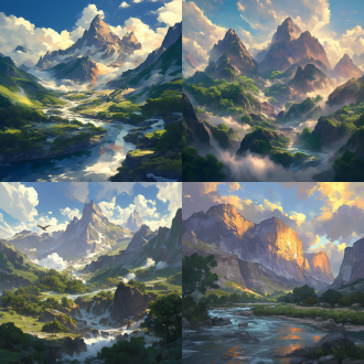 晨曦下巍峨群山，灰白色岩石与深绿植被对比，山间云雾涌动，三分法构图，全景镜头，侧逆光，画面阳光，大气磅礴。鎏金勾勒山峰线条。河流涌动