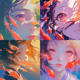 女孩图片，居中构图，淡雅色调，时尚晕涂，漂浮的锦鲤，挪用艺术元素，纯色背景，动漫风格，特写镜头，柔光。眼神柔和。