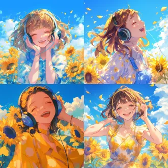 美少女（头戴耳机），微倾歌唱，对称构图，蓝天白云背景，周围有向日葵，特写镜头，欢快，时尚感