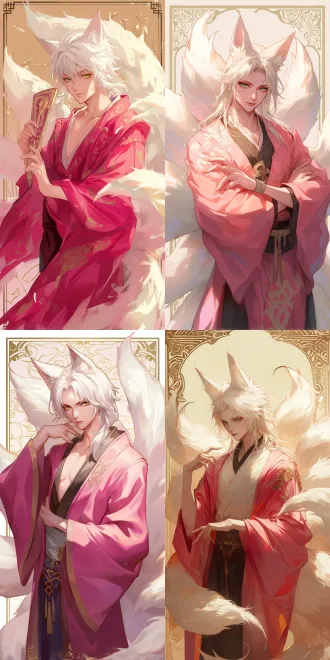动漫画风，男狐妖（高挑，f粉色大袍v领子，腹肌），九尾狐，白色短发，浅绿色眼睛。九条大尾巴，毛茸茸的。精致面孔。纯色背景（浅粉色），金色画框（古风花纹）。