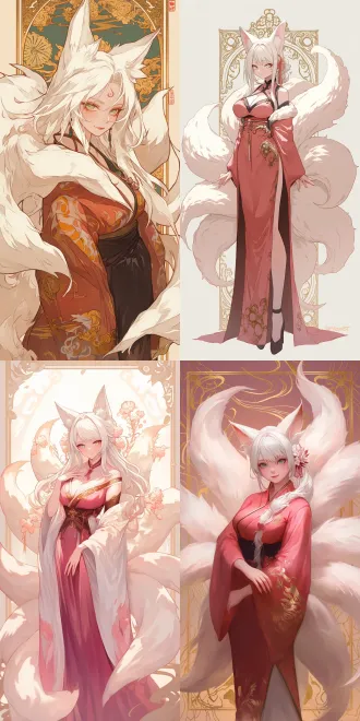 国漫画风，女狐妖（高挑，f粉色大袍v领子），九尾狐，白色长发，浅绿色眼睛。九条大尾巴，毛茸茸的。精致面孔。纯色背景（浅粉色），金色画框（中国风花纹）。