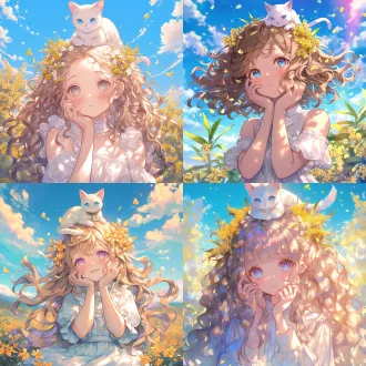 浅棕色，大波浪长发披散在身后，的女孩，大眼睛（蓝粉色眼珠）头顶一只白猫，身穿白色衣服，身边有桂花，背景（阳光，白云），飘落着花瓣，少女手撑下巴侧身微微抬头看着远处，面部柔光。