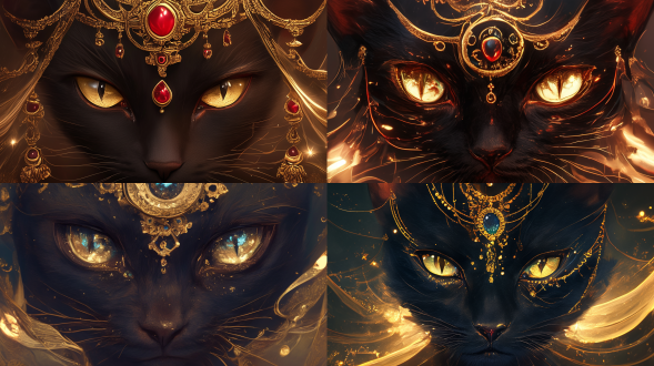 黑色的拉比尼西亚猫，额头金色项链环绕，中间一颗谣言的红宝石，猫咪的眼睛亮晶晶的如绿宝石一般，明暗对比，超高清，高级感，最高画质，细腻渲染，粒子发光生物发光金色闪片透明流体环绕眼眸，丰富细节，朦胧感，金色粒子反光，河灿烂的眼眸，从眉眼间飘过行云流水和万千星展，金色纱帐，金箔粉。