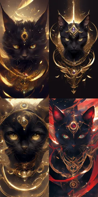 黑色的拉比尼西亚猫，护卫，额头金色项链环绕，中间一颗谣言的红宝石，猫咪的眼睛亮晶晶的如绿宝石一般，明暗对比，超高清，高级感，最高画质，细腻渲染，粒子发光生物发光金色闪片透明流体环绕眼眸，丰富细节，朦胧感，金色粒子反光，河灿烂的眼眸，从眉眼间飘过行云流水和万千星展，金色纱帐，金箔粉。