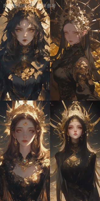 黑色长发，金色皇冠，中心一颗金色宝石闪闪发光，星空下的星光女神，黑金配色，梦幻风格。五官精致，金色的眼眸，身穿黑金色相间的蕾丝礼服，特写。