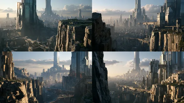 a vast post-apocalyptic futuristic city in broad daylight, a colossal towering skyscraper dominating the distant skyline, surrounded by numerous other enormous high-rise buildings of varying heights and architectural designs, monumental futuristic architecture stretching toward the sky, a dramatic rugged cliff occupying the foreground, the cliff edge clearly visible with fractured rock formations, weathered stone surfaces, steep vertical rock faces, scattered debris and uneven terrain, the camera positioned near the cliff edge looking outward across the immense ruined city, strong sense of elevation and breathtaking depth, the tallest skyscraper rising prominently above the surrounding urban landscape, massive glass-and-metal towers with broken windows, weathered facades, faded architectural panels, damaged skybridges, abandoned elevated highways weaving between buildings, partially collapsed structures, deserted rooftops, remnants of an advanced civilization slowly reclaimed by nature, scattered patches of wild vegetation growing through cracked concrete, distant urban districts fading into atmospheric haze, a wide open daytime sky with soft gray-white clouds, natural sunlight illuminating the upper sections of the buildings, realistic sunlight and atmospheric perspective, subtle shadows cast across the cliff and urban ruins, muted concrete gray, dark silver, dusty beige, faded blue-gray glass, restrained natural green accents, cinematic environmental storytelling, grand architectural scale, powerful vertical composition, wide-angle establishing shot, elevated viewpoint from the cliff, foreground cliff rocks sharply detailed, middle-ground buildings layered across the city, the colossal skyscraper standing as the central visual landmark in the far distance, smaller buildings creating rich urban depth, realistic geological formations, sophisticated hard-surface modeling, intricate architectural details, physically based materials, realistic weathering, detailed concrete textures, physically accurate glass reflections, global illumination, ambient occlusion, cinematic daylight rendering, volumetric atmospheric depth, premium 3d game environment design, high-end cinema 4d rendering, redshift renderer, photorealistic 3d cgi, ultra-detailed environment, cinematic composition, 8k quality