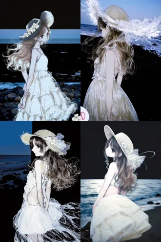 masterpiece, best quality, illustration, 1girl, long wavy brown hair, back view, head turned to side, big straw hat with sheer white tulle and pale flowers, flowy white frilly sundress, one arm behind waist, seaside beach, blue hour, ocean and rocks in background, soft breeze, hair and skirt fluttering, delicate ethereal girl, pale skin, cold gentle expression, minimalist black and white, monochrome, high contrast, loose sketchy brushstrokes, thin painting, soft cel shading, dreamy but quiet atmosphere, dark empty background, subtle blue rim light, anime aesthetic
