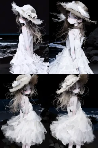 masterpiece, best quality, illustration, 1girl, long wavy brown hair, back view, head turned to side, big straw hat with sheer white tulle and pale flowers, flowy white frilly sundress, one arm behind waist, seaside beach, blue hour, ocean and rocks in background, soft breeze, hair and skirt fluttering, delicate ethereal girl, pale skin, cold gentle expression, minimalist black and white, monochrome, high contrast, loose sketchy brushstrokes, thin painting, soft cel shading, dreamy but quiet atmosphere, dark empty background, subtle blue rim light, anime aesthetic