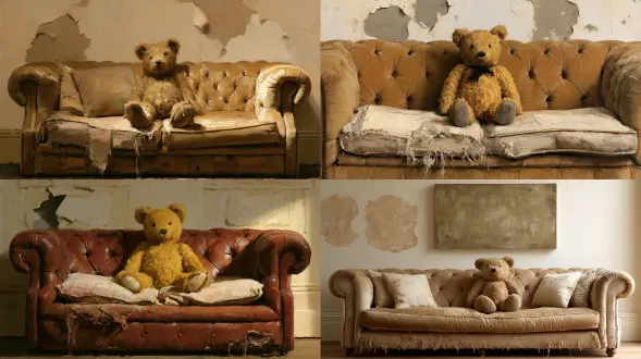 thick impasto oil painting of a well-loved vintage golden teddy bear sitting upright alone on a worn tufted caramel velvet chesterfield sofa, frayed fabric and faded cushions, old wall with large peeling plaster patches, soft warm side light, muted beige ochre and cream palette, heavy palette-knife texture, nostalgic still life, gallery canvas,