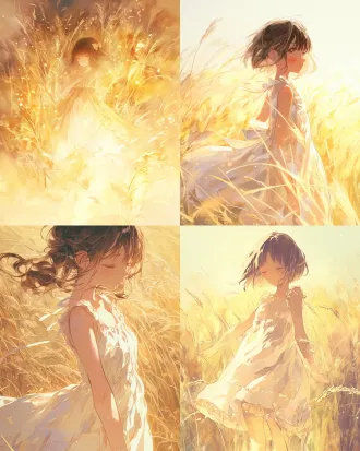 japanese anime-style illustration featuring a young girl in a golden wheat field, wearing a simple sundress with a subtle rococo-style pleat and bow decoration at the hem. the colors are soft and , the background ethereal, and the lines clear and smooth. the overall atmosphere is serene and healing, with the rococo elements only existing as minor decorative details. the style is inspired by studio ghibli and misaki takemi.