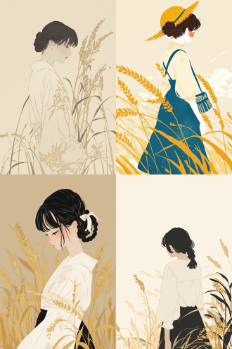 japanese minimalist illustration, emphasizing smooth line work and abundant negative space. a young girl stands in a wheat field, with a part of her hairstyle or clothing featuring a hint of rococo-style curvilinear beauty. the style is extremely simple and clean, with delicate colors, where rococo elements serve only as a faint decorative inspiration.