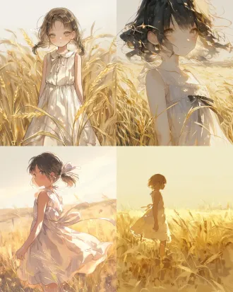 japanese anime-style illustration featuring a young girl in a golden wheat field, wearing a simple sundress with a subtle rococo-style pleat and bow decoration at the hem. the colors are soft and , the background ethereal, and the lines clear and smooth. the overall atmosphere is serene and healing, with the rococo elements only existing as minor decorative details. the style is inspired by studio ghibli and misaki takemi.